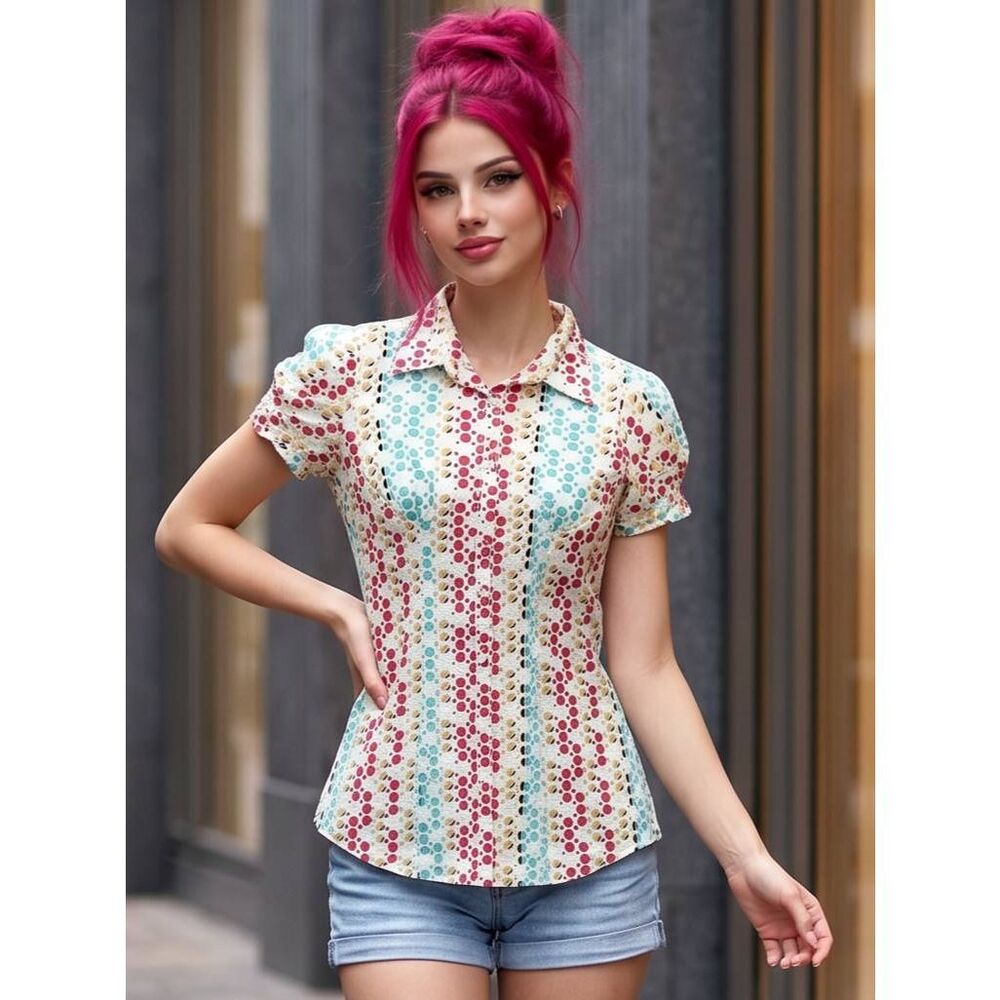 🔺️Vintage Dolled Up by FANG Multicolor Polka Dot Button Blouse Large